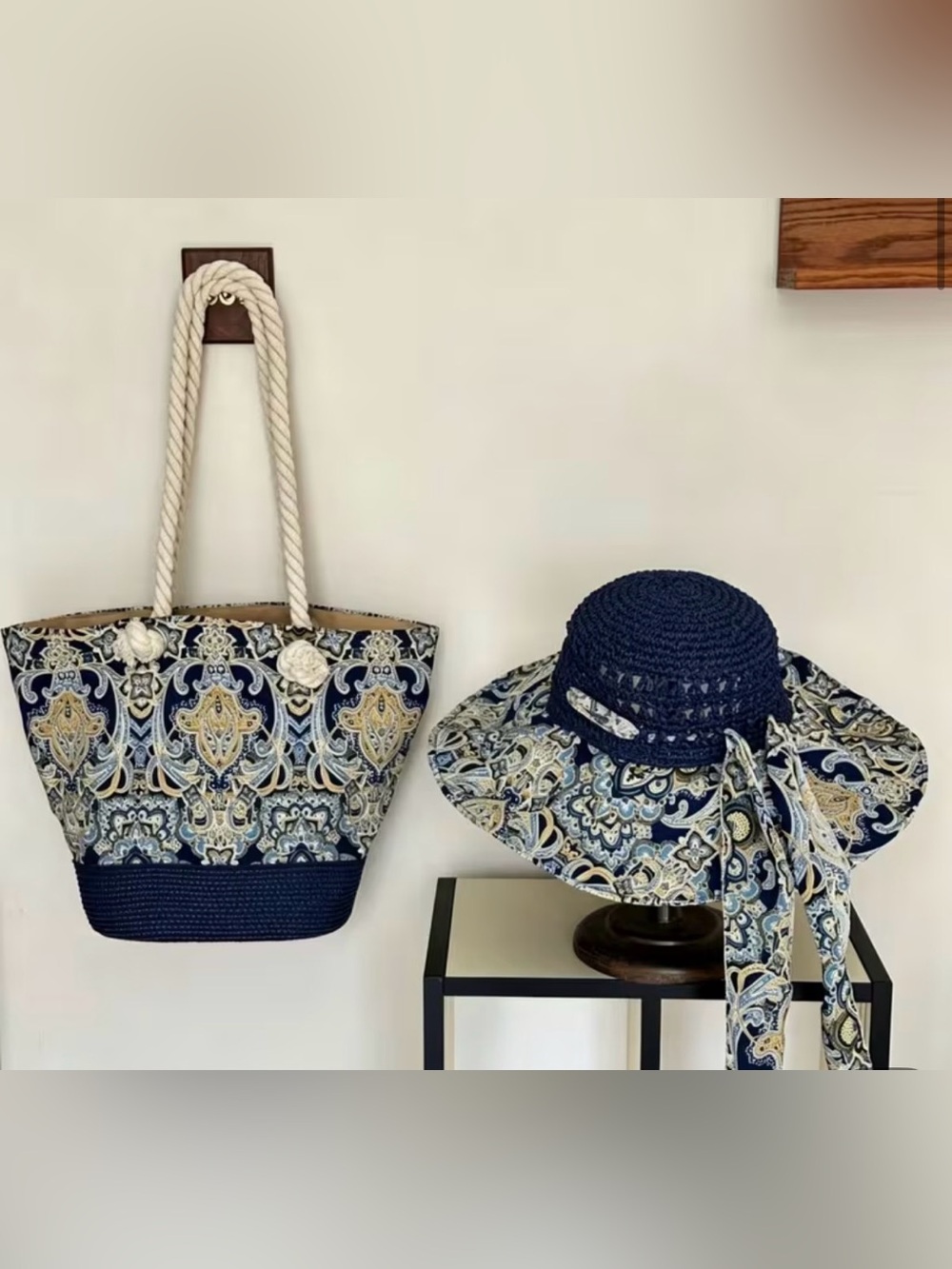Bohemian Navy Paisley Straw Tote with Matching Sun Hat - Coordinated Beach Set
